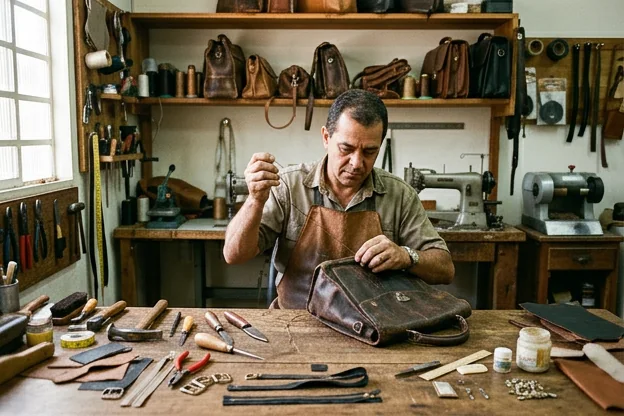 Sapateiro reformando uma bolsa de couro com ferramentas apropriadas.