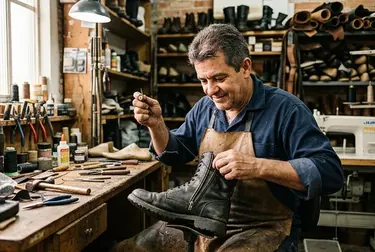 Sapateiro realizando reparo em zíper de bota com ferramentas adequadas.