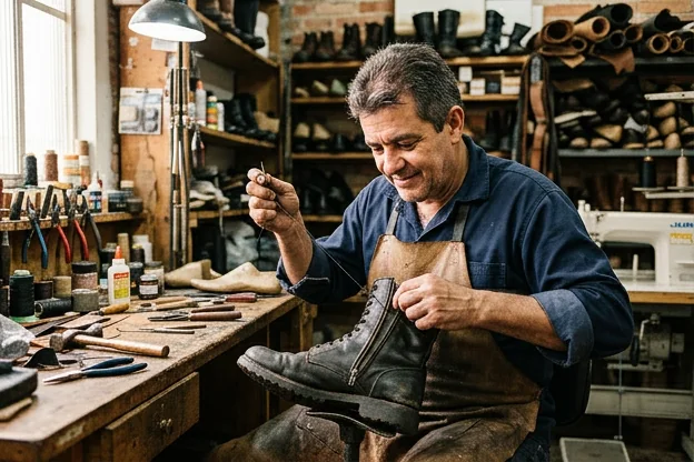 Sapateiro realizando reparo em zíper de bota com ferramentas adequadas.